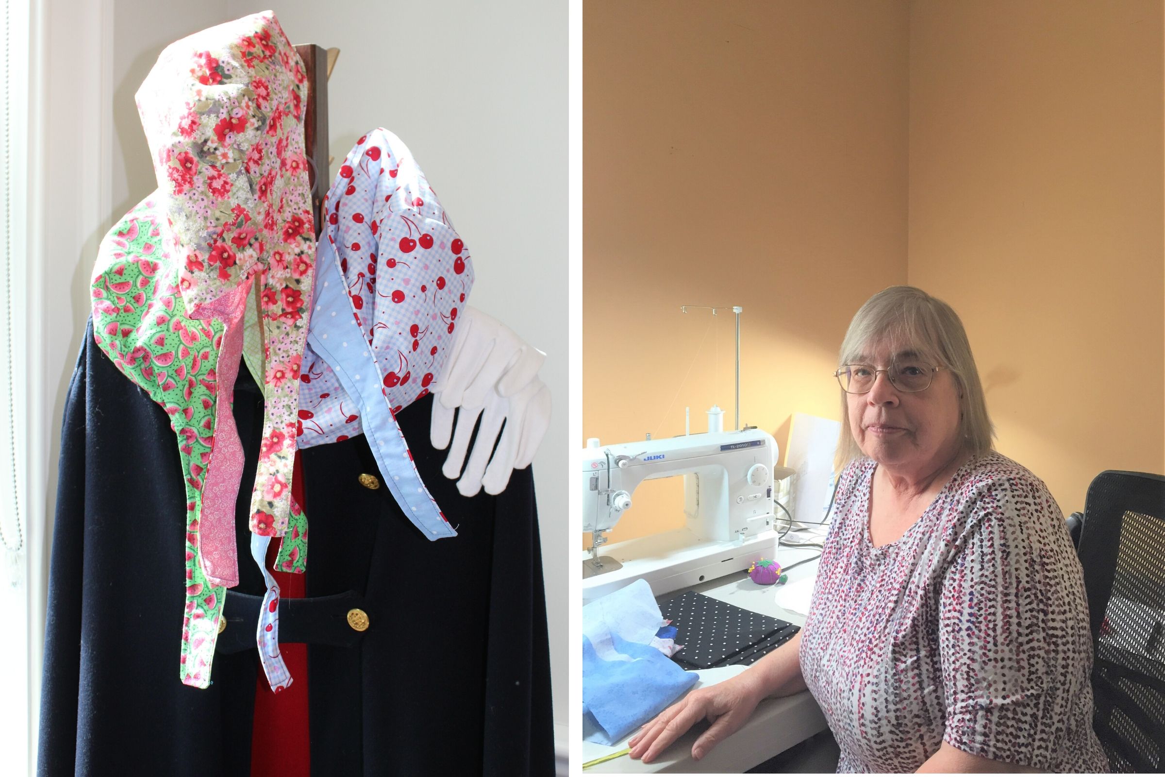 Bonnets that Christine Burnett made for RVNAhealth nurses to protect their hair during COVID-19 hang on a coat stand in our lobby. To the right is a photo of Christine at her sewing machine.
