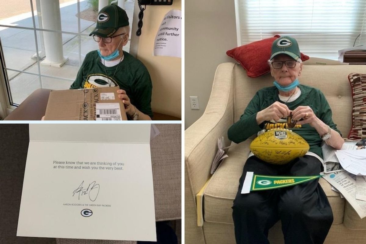 A collage of Duane with the box that the Green Bay Packers sent him, a note signed by Aaron Rodgers, and Duane sitting in a chair with a Green Bay football and pennant in his lap