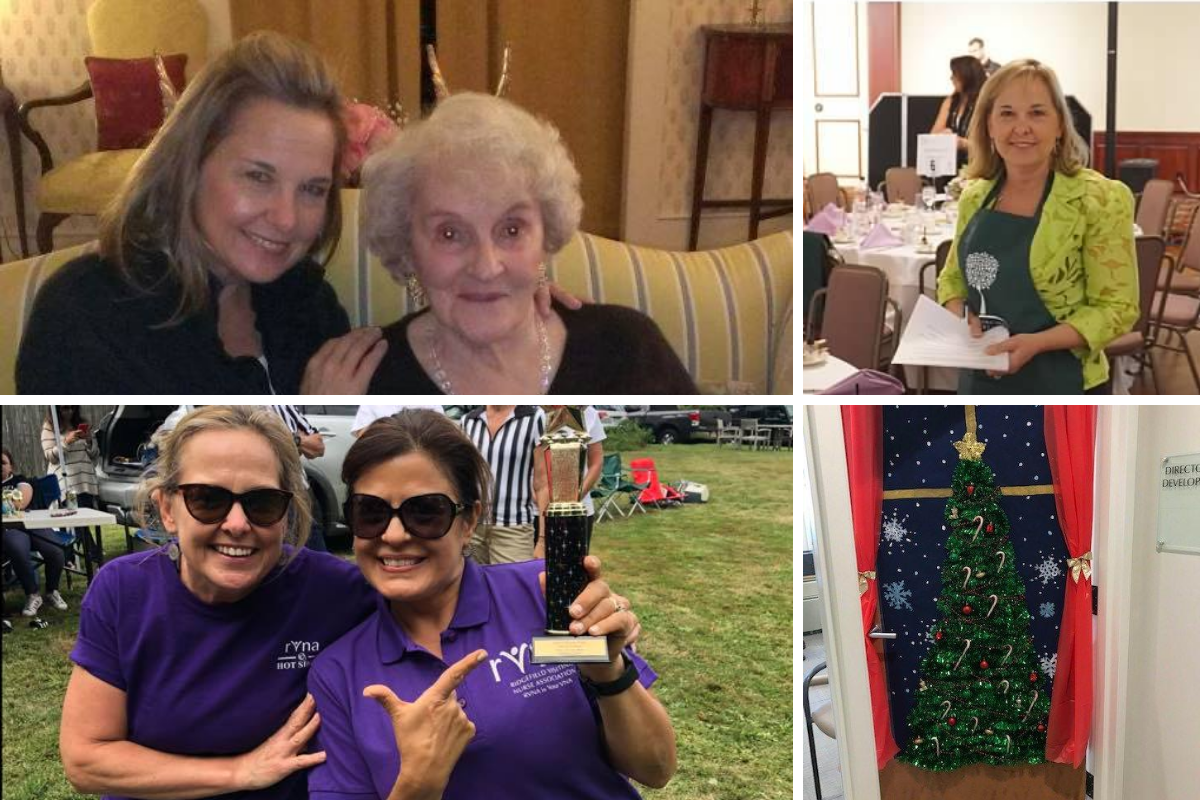 A collage of photos with Kerry Anne Ducey with Evelyn Wisner; Theresa Santoro at the annual bocce tournament; working at the 2016 Spring Breakfast; and of one of the decorated doors that she judged in a friendly staff contest